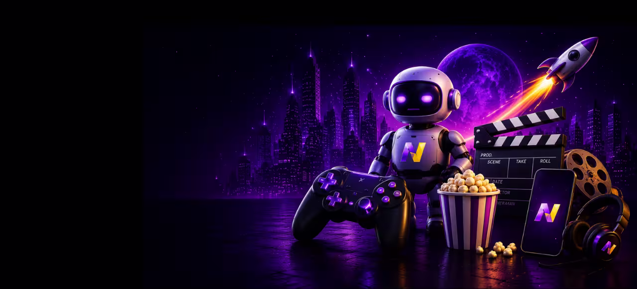 Mascote robô do NerdPride com foguete, cidade futurista e planeta roxo