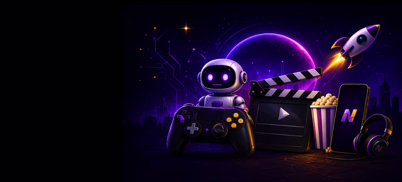 Mascote robô do NerdPride com controle, claquete, pipoca, celular e headphones
