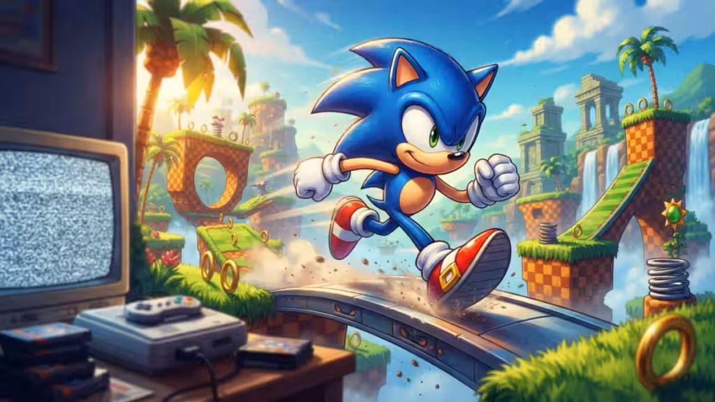 Imagem ilustrativa mostrando uma TV antiga com o console da Nintendo e o jogo Sonic