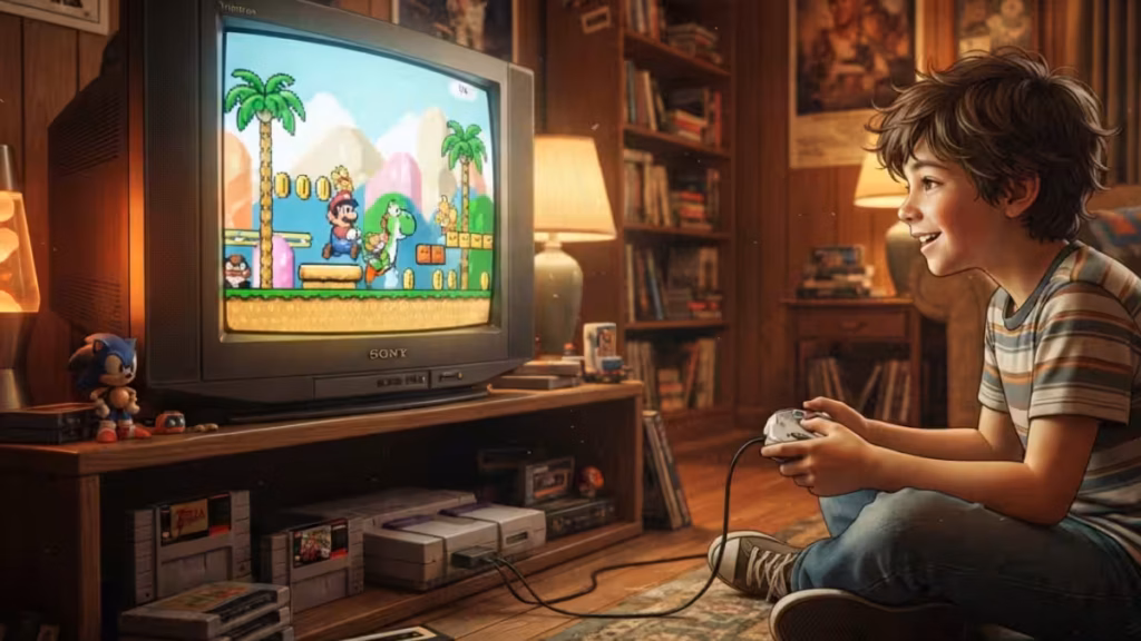 Imagem ilustrativa de uma criança jogando o jogo super mário 
