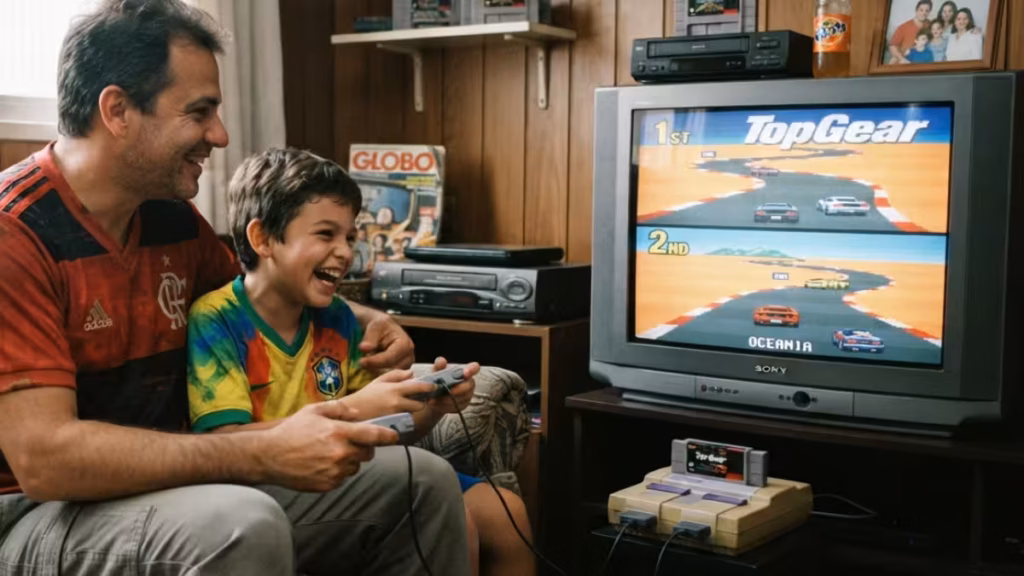 Imagem ilustrativa simulando pai e filho jogando Top Gear anos 90